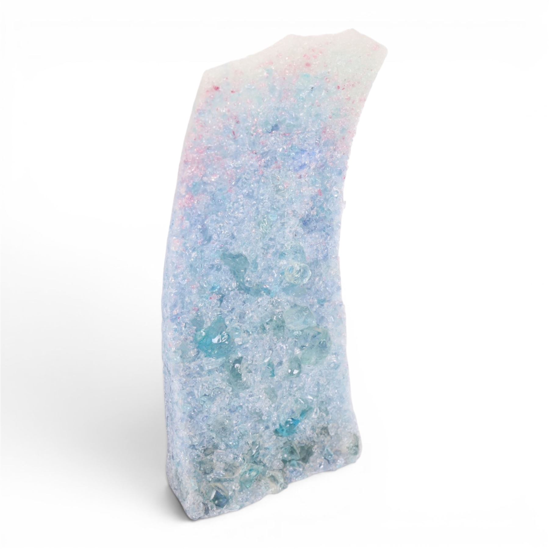 Art glass sculpture by Patrick Stern, crystallised sea theme body with rectangular & shell shaped inclusions to the reverse, signed to base, H29cm