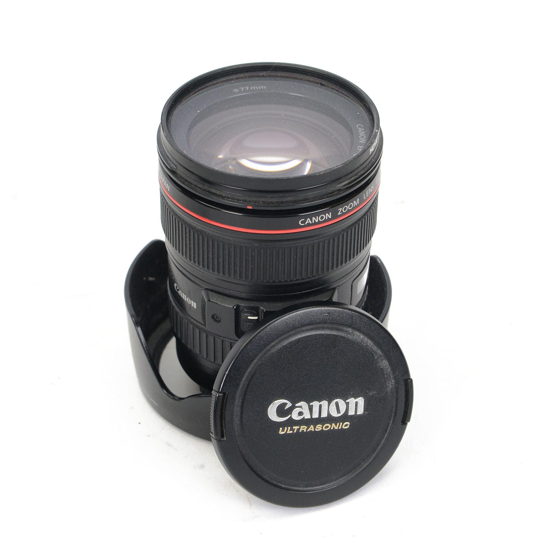Canon Ultrasonic EF 24-105mm 1:4 L IS USM zoom lens serial no. 319110, with Canon EW-83H lens hood, in carry pouch