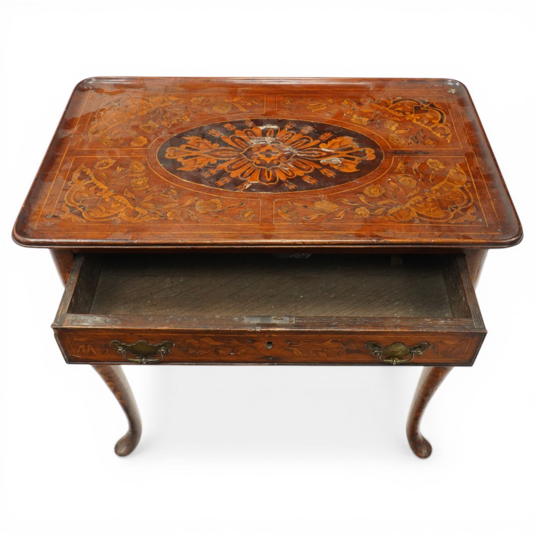 18th century Dutch marquetry side table, rectangular tray top decorated with floral inlays, fitted with a single cock-beaded drawer over shaped apron, raised on cabriole supports with pad feet