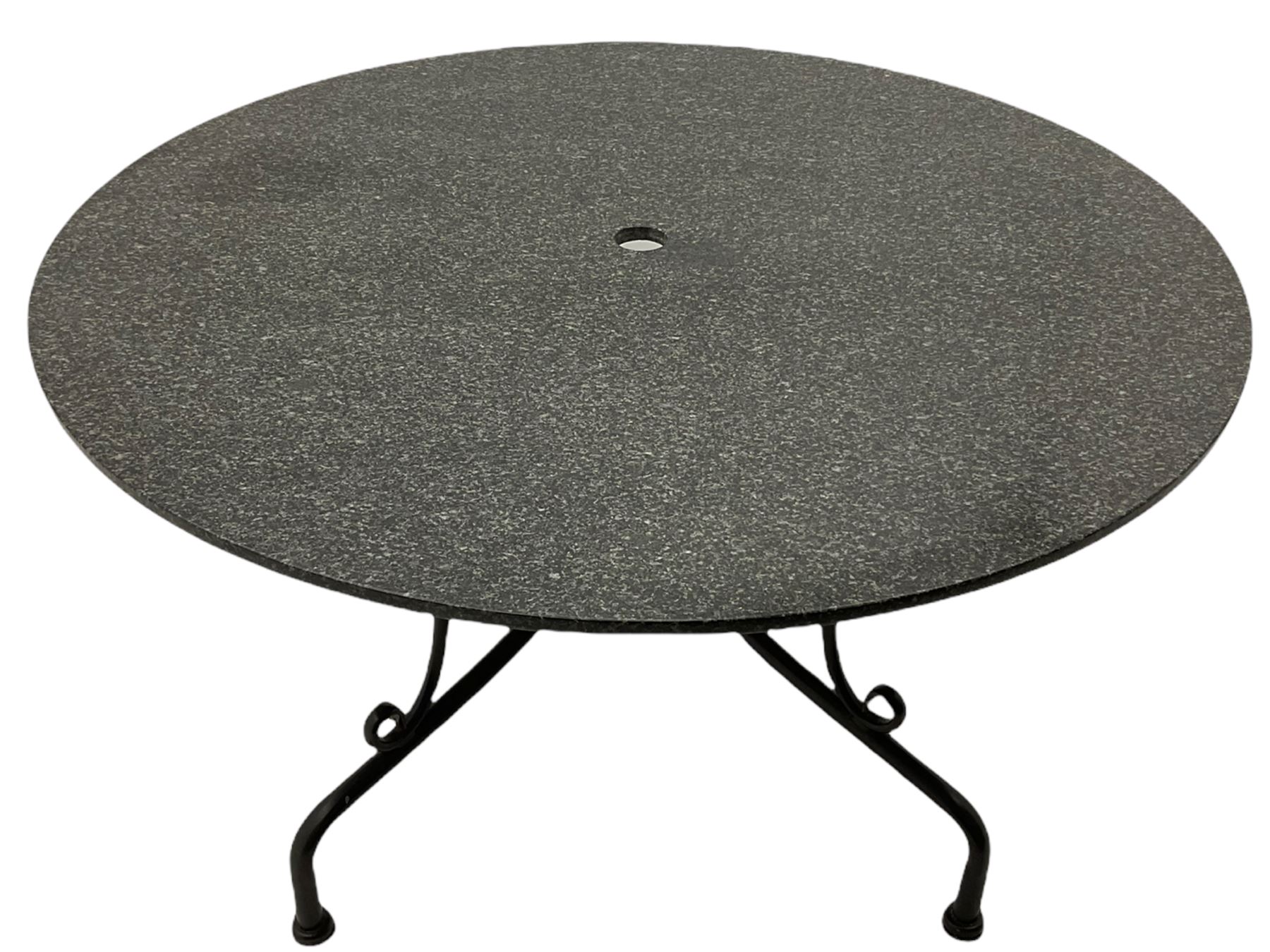 Neptune Furniture - Boscombe black granite and black powder coated steel garden table with circular top, and set five matching black steel garden chairs with loose cushions, with parasol and base.