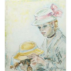 Gisèle Belleud (French 1921-2019): Portrait of Two Sisters - 'La Grande Soeur', oil on can...