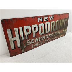 Scarborough Hippodrome enamel advertising  sign, circa 1908, 'New Hippodrome Scarbrough' white writing on a red ground, H100cm, L244cm  