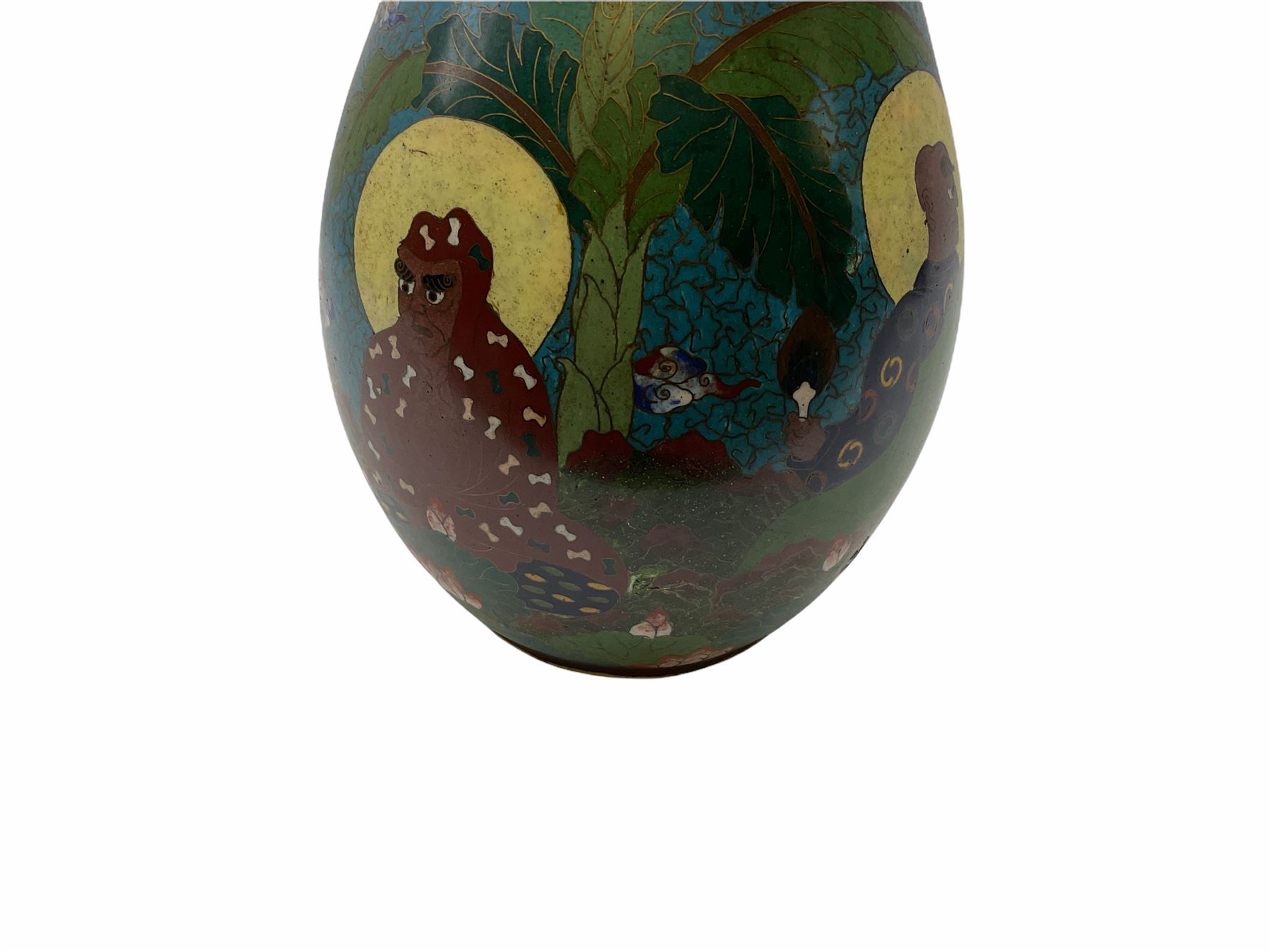 Japanese Cloisonne vase, Meiji/Taisho period, decorated with five haloed figures, possibly the Lucky Gods or Monks, in a landscape detailed with pine trees, lotus flowers and auspicious clouds, beneath a neck with band of fronds, with apocryphal Ming mark beneath, H31cm