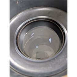 Late 19th century Voigtlander & Sohn large brass Euryscop lens no. 8 serial no. 31590, mounted to long black wooden box, with leather lens cover and seven brass Waterhouse stops, lens case D19cm