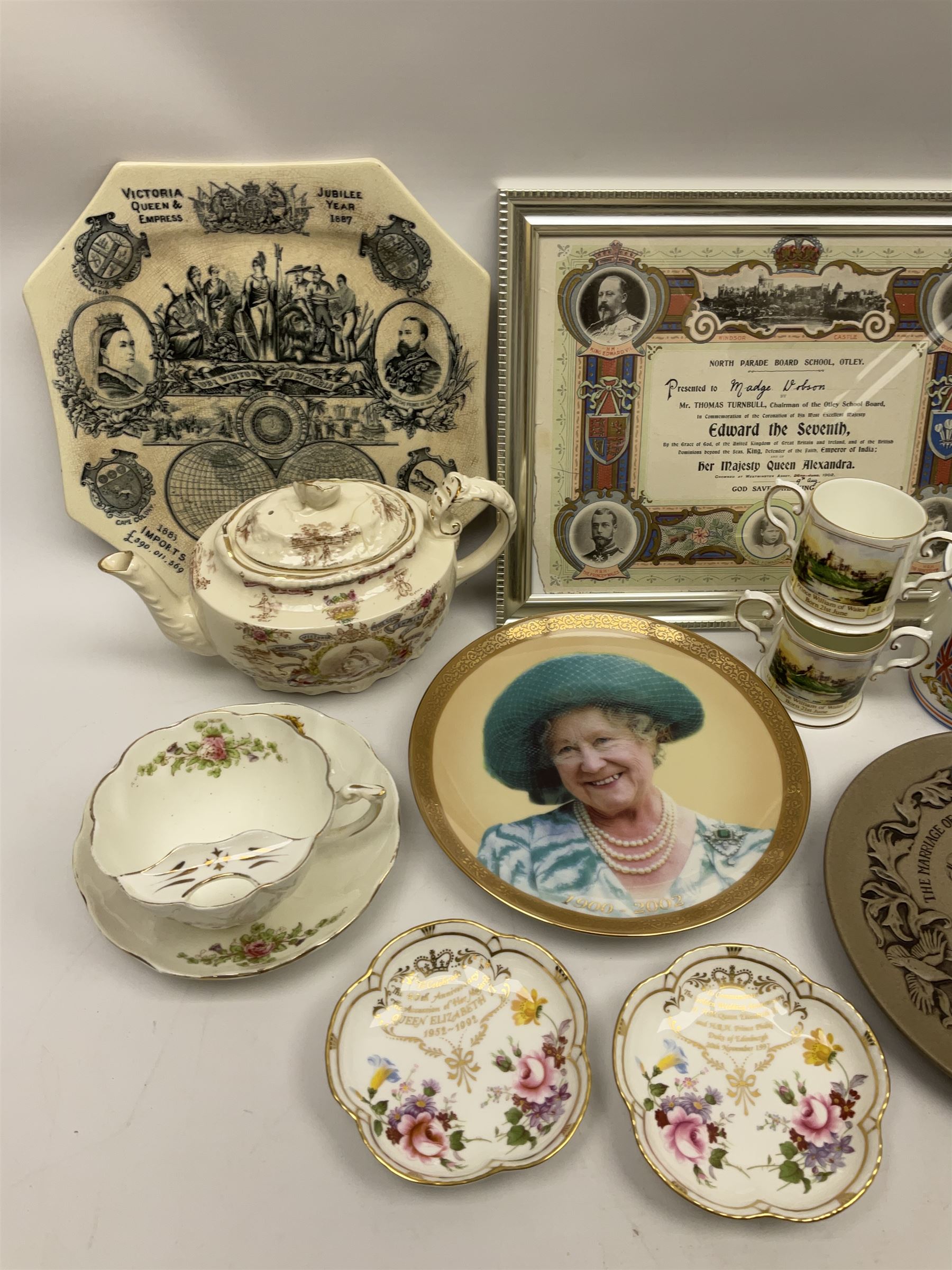 Commemorative ware to include Sampson Bridgwood Queen Victoria 1897 Jubilee teapot for Harrods, Poole limited edition Charles and Diana plaque, Regent China Edward VII moustache cup and saucer, pair of Aynsley Prince William birth mini loving cups, Pair Robert Burns Ridgways vases c1910 and other commemorative ceramics in one box