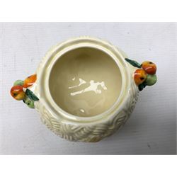Clarice Cliff Celtic Harvest pattern sugar bowl, with original silver plate cover upon basket weave effect spherical body decorated with raised stylised fruit, H11cm