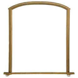 19th century giltwood overmantel mirror, arched moulded frame with plain mirror plate, shaped lower brackets on ceramic compressed bun feet
