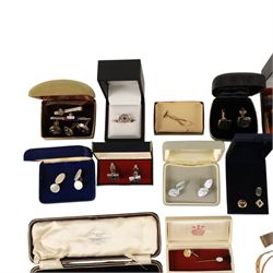 9ct gold shirt stud and opal stick pin, Sif Jakobs silver ring, silver spoon and a collection of costume jewellery cufflinks, tie clips etc