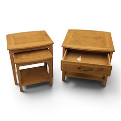 Contemporary light oak nest of two tables, and a contemporary light oak side table, fitted with single drawer