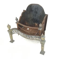 19th century cast iron and brass fire dog grate, the shaped front with pieced Greek key design frieze, square tapering supports with shaped and stepped spade feet, brass finials, W65cm, H64cm