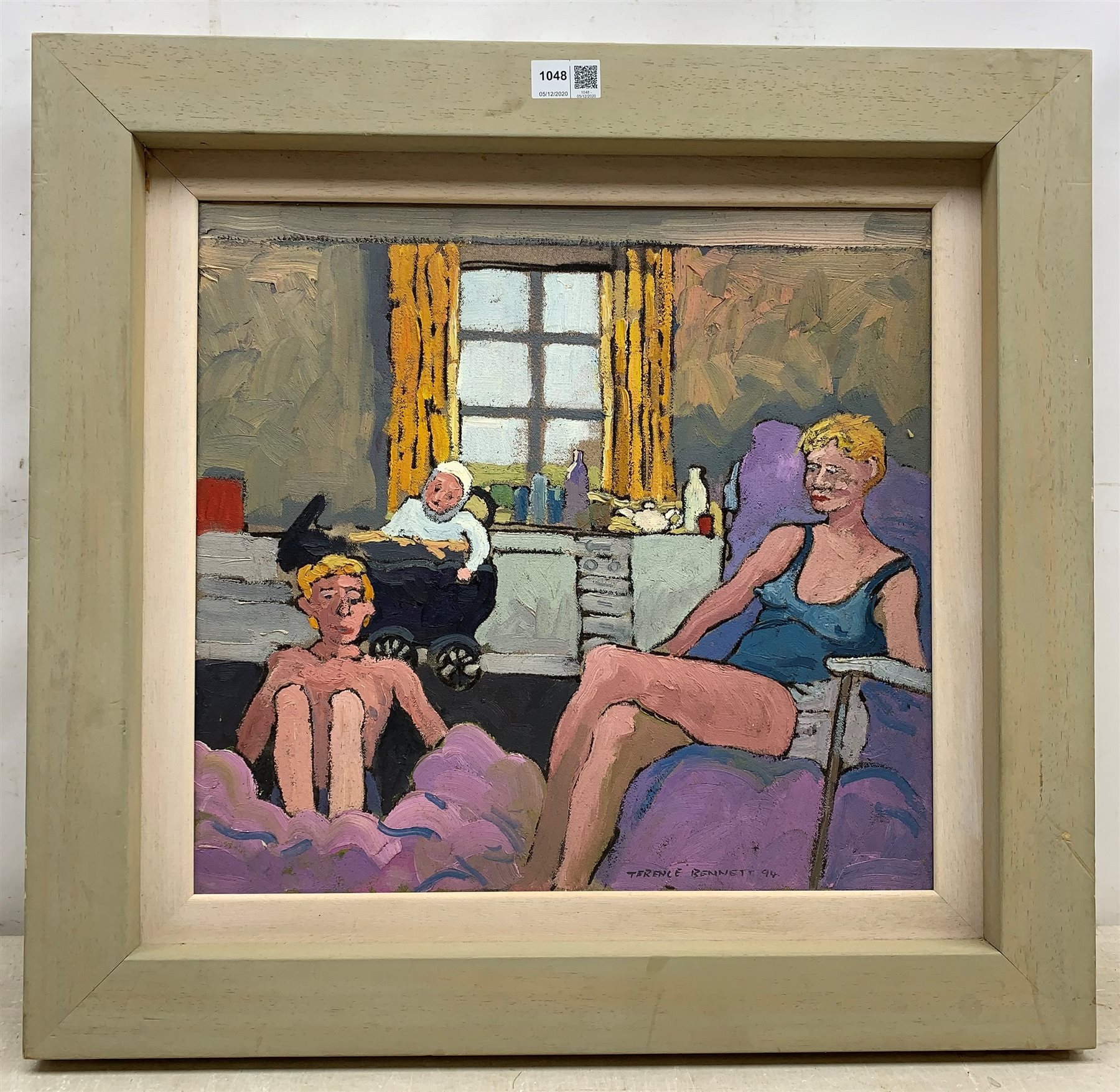 Terence Bennett (Northern British 1935-): Family in the Sitting Room, oil on canvas signed and dated '94, 39cm x 42cm
Notes: Painter and teacher born and lived in Doncaster, attended local art school 1951-56. After National Service taught, giving up teaching in 1971 to paint full time in a mining village near Rotherham. In 1973 gained a Yorkshire Art Fellowship eventually becoming head of art at Thomas Rotherham College Rotherham