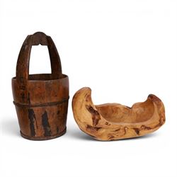 Chinese wooden well bucket, together with a carved wooden bowl, bucket H62cm