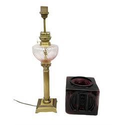 Corinthian column table lamp with pink glass reservoir, H57cm incl fitting together with a contemporary glass shade in dark red of cube form