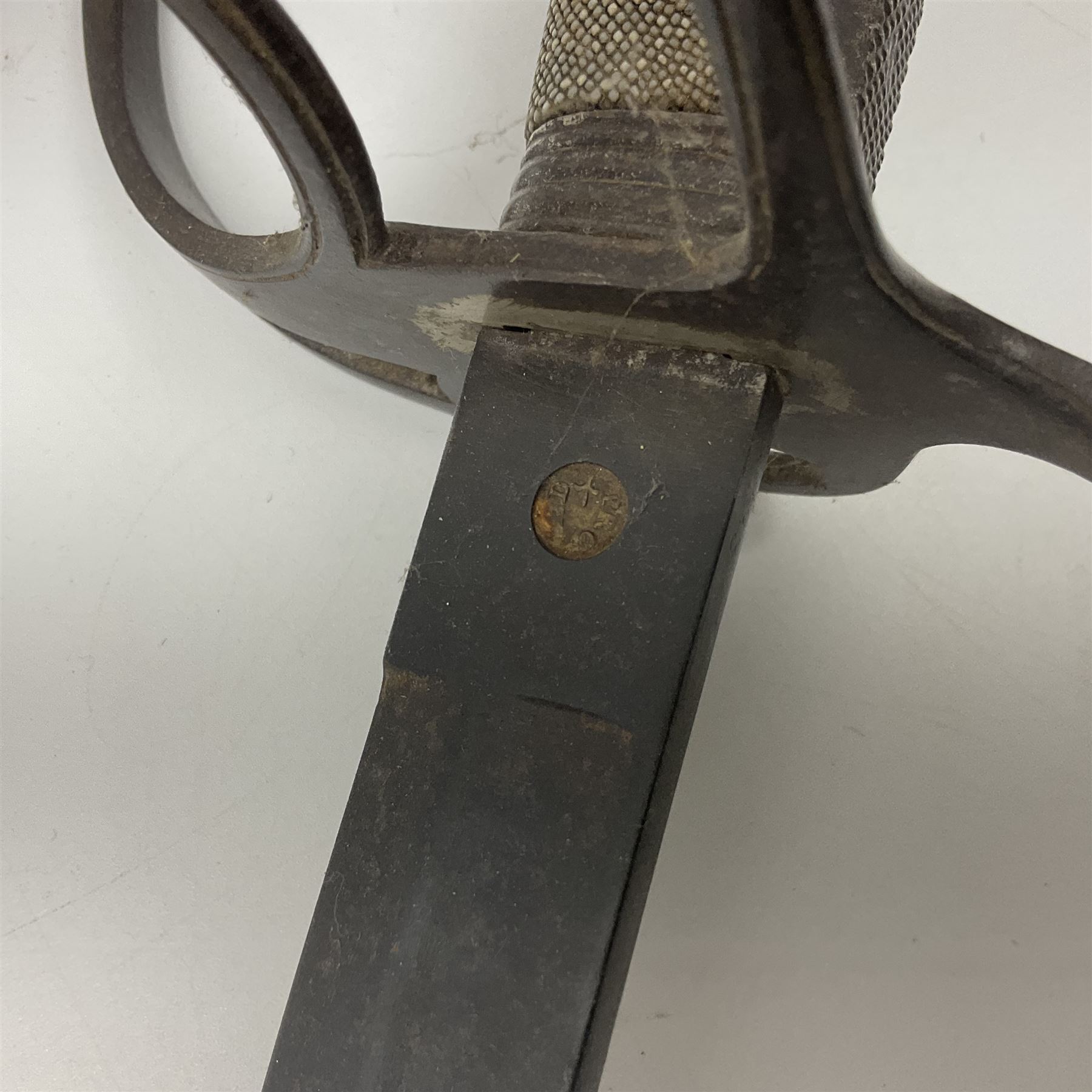 WW1 British Army 1897 Pattern Officers Sword, the 80cm fullered steel blade with traces of decoration and inscribed 'W.E. French 1914'; the basket hilt pierced with the George V cypher and wire-bound fish-skin grip L97cm overall; and WW1 British 1821 pattern Royal Artillery officer's sword with three-bar hilt; both lacking scabbard (2)