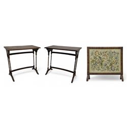 Pair of early 20th century mahogany side tables, each with rectangular tops, raised on turned supports joined by curved stretchers, terminating in splayed feet; mahogany fire screen, rectangular frame housing needlepoint floral panel, on shaped supports (3)
