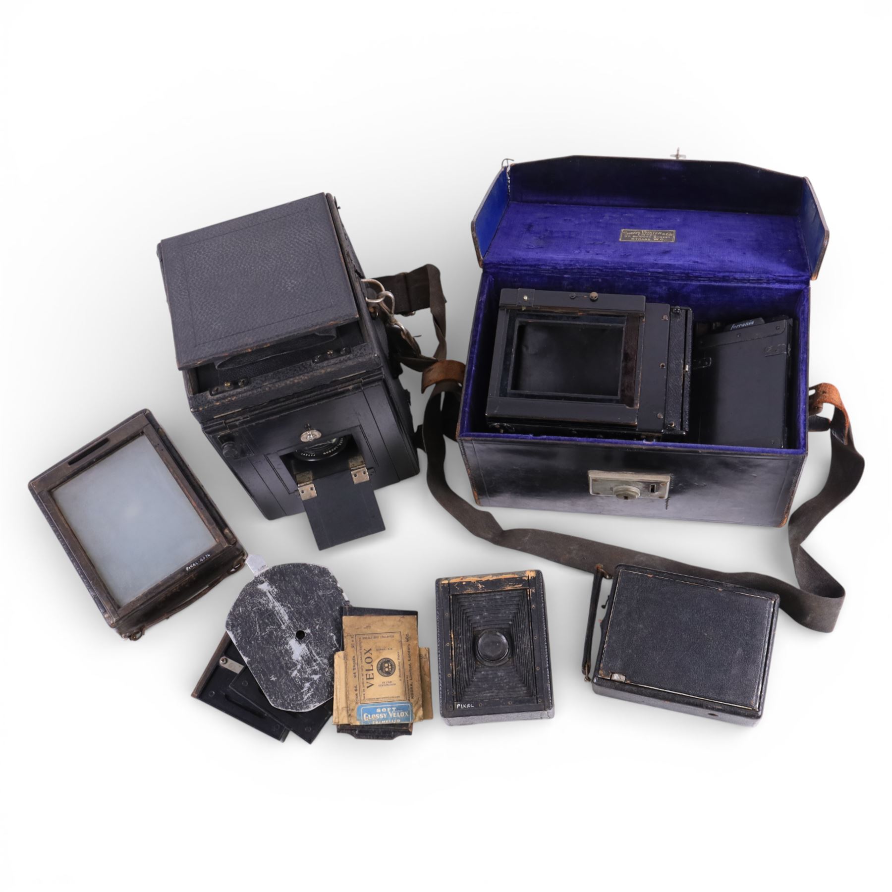 Plate cameras and accessories, including Thornton Pickard Special Ruby Reflex with Ross Xpres 1:4.5 lens The Cameo folding plate camera and Kershaws Patent 1/2 plate camera, etc