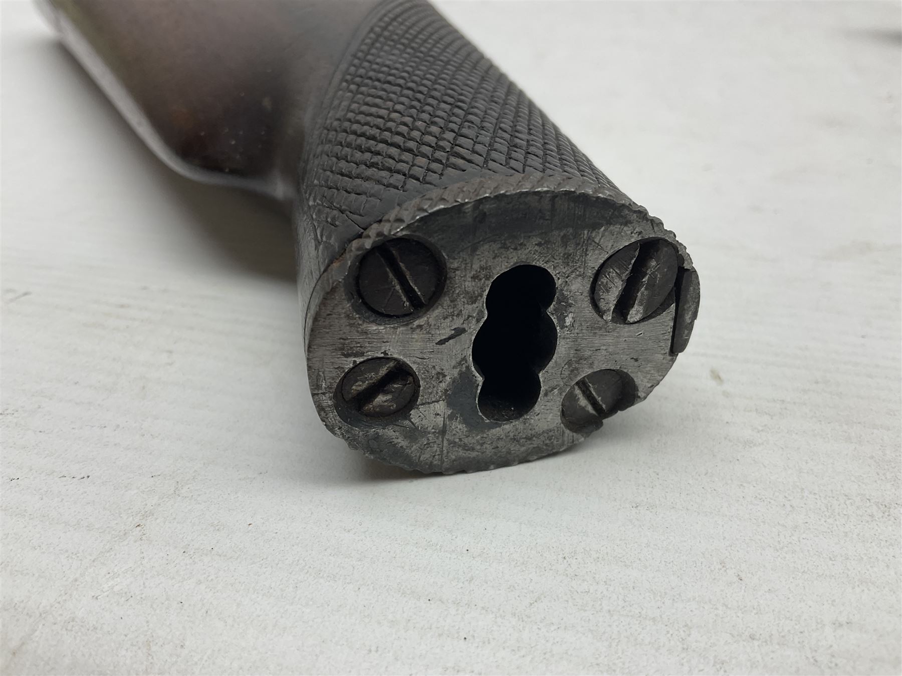 19th century take down 'cripple stopper' single barrel percussion gun, removable walnut stock with bayonet style fitting, chequered grip and fore-end, approximately 8-bore, the 59.5cm (23