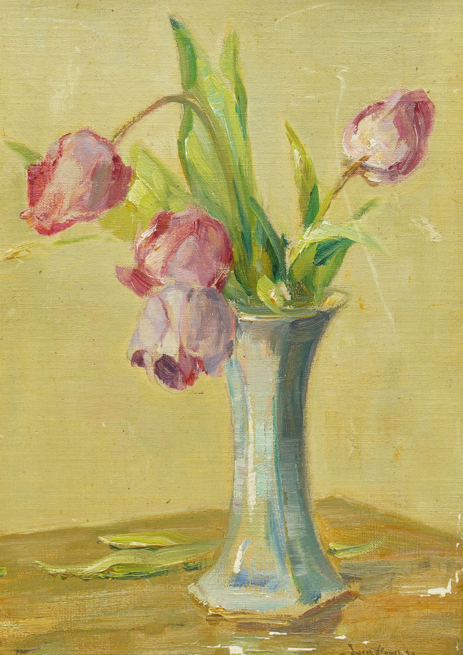 Owen Bowen (Staithes Group 1873-1967): Still Life of Tulips in a Vase, oil on board signed 35cm x 25