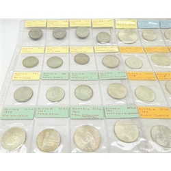 Collection of mostly silver Austrian coinage including twenty-three silver 100 schilling coins, twenty-four silver 50 schilling coins, two 1982 500 schilling silver coins, various 25 schilling silver coins,  Austria proof coinage 1970, in plastic wallet etc, housed in coin album pages  