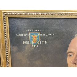 Roland F. Spencer Ford (1902 - 1990), oil painting on canvas, half length portrait of Raich Carter, standing dressed in Hull City kit, the Hull town crest in the background surrounded by the names Hull City A.F.C., Sunderland, Derby County and England, bears label verso from the studio of the artist in Newstead Street, Hull with original price of £75, signed, 59.5 x 49.5cm, gilt frame with metal plaque inscribed ' Presented by the Management Committee/of the Hull City Supporters Clubs/as a mark of esteem and appreciation/for services rendered to/Hull City A.F.C./and to football in general/October 1952'. Provenance: By direct descent from the family of Raich Carter having been consigned by his daughter Jane Carter.