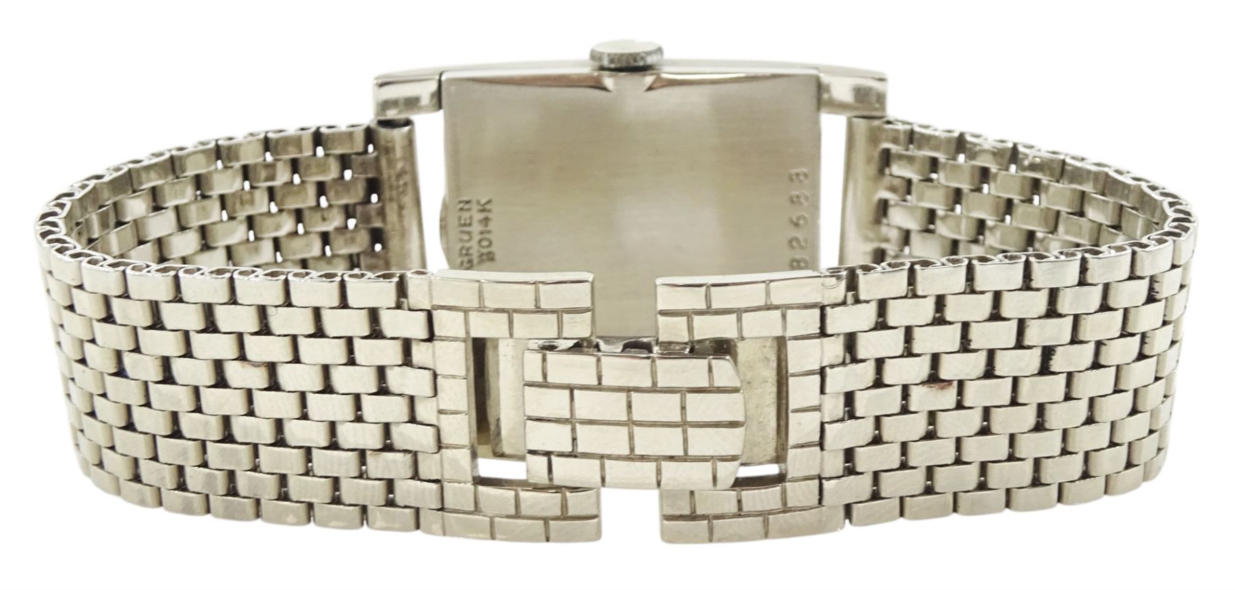 Gruen Curvex Precision gentleman's 14ct white gold manual wind wristwatch, back case No. 282688, rectangular silvered dial, with diamond dot markers at 12, 3 and 9 o'clock and subsidiary seconds dial, on 14ct white gold bracelet, both stamped 14K, with additional links