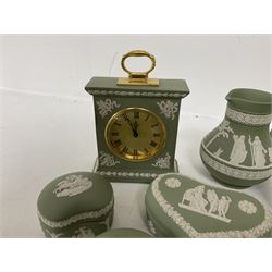 Group of Wedgwood sage green Jasperware, to include jug, vases, lidded boxes, dishes etc