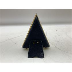 Kitney & Co small desk clock, in green guilloche enamel case of triangular form, decorated with gilt throughout, raised upon two bun feet, H12cm