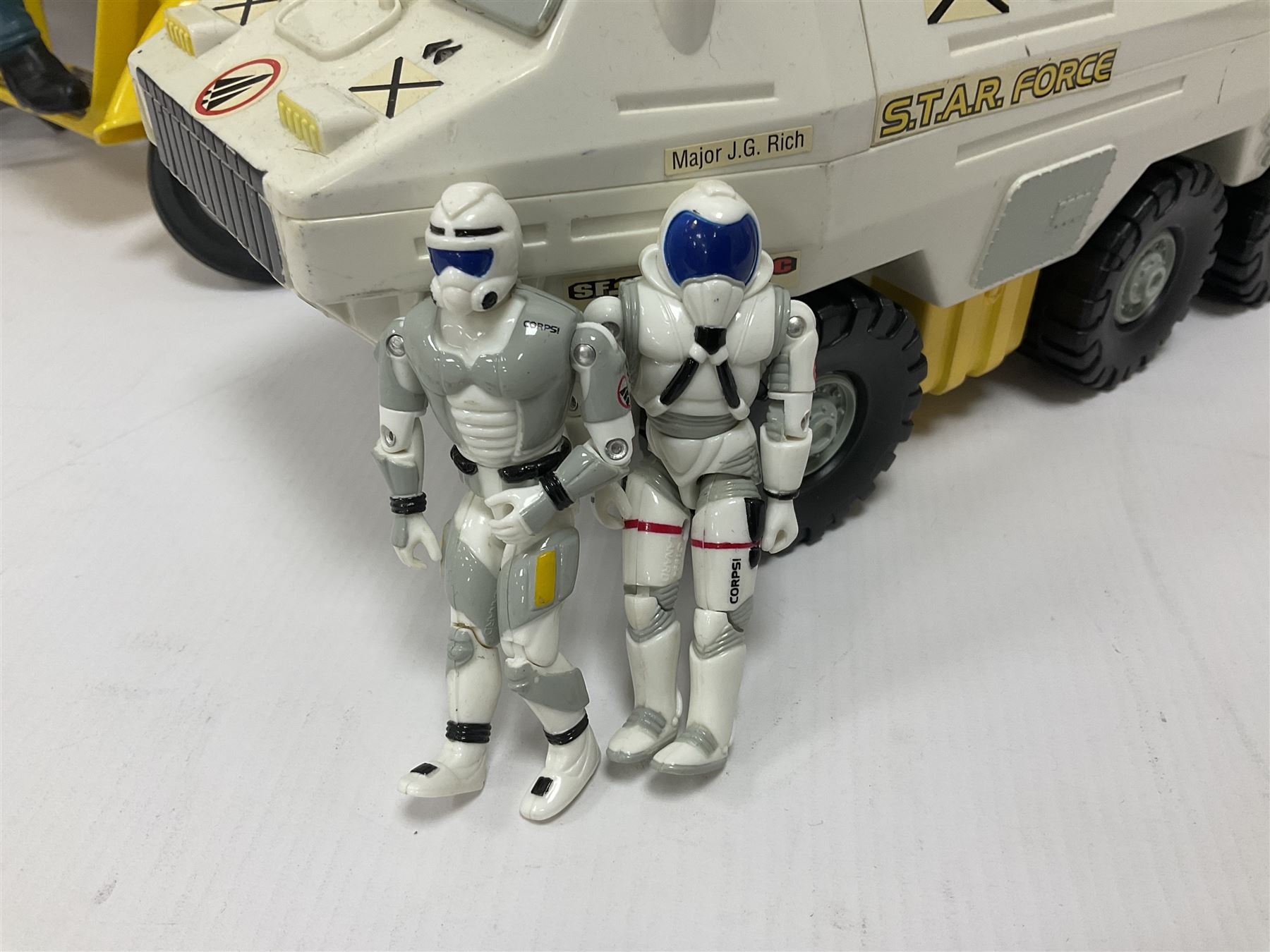 Manta Force Red Venom 1987 Bluebird Toys PLC toy plane with associated figures, with three more toy vehicles and figures comprising Lanard 1996 S.T.A.R Force Mobile Ground Support truck, Hasbro 2000 Action Man motorbike with side car, Sindy moped 