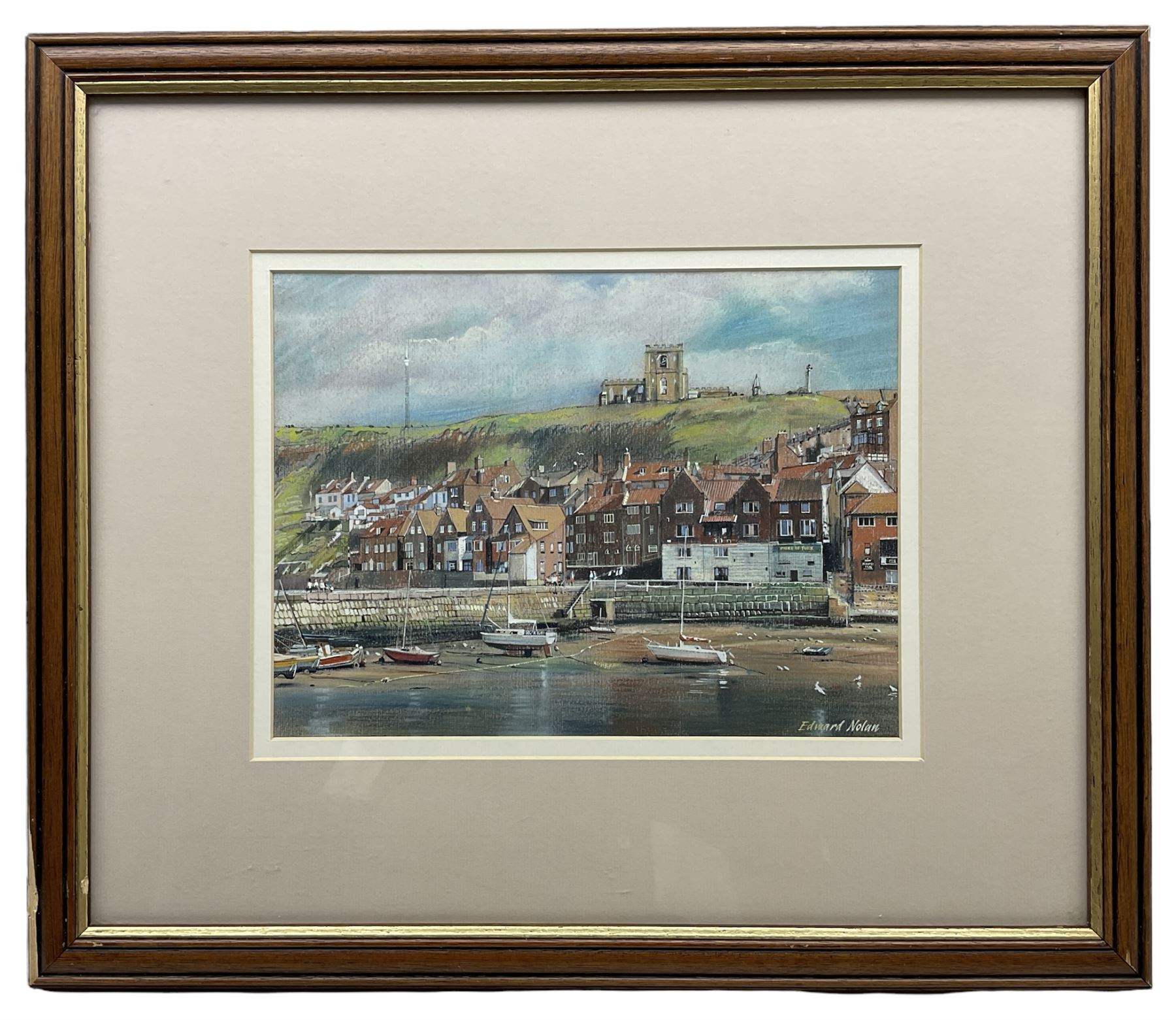 Edward Nolan ARCA (British 1934-): Yachts Moored beside Tate Hill Pier Whitby, pastel signed 22cm x 30cm 
Provenance: with The Penny Hedge Gallery Whitby, label verso