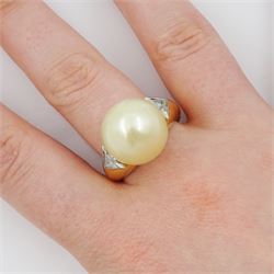 French 18ct gold three stone cultured pearl and trilliant cut diamond ring, Eagle hallmark, total diamond weight approx 0.40 carat