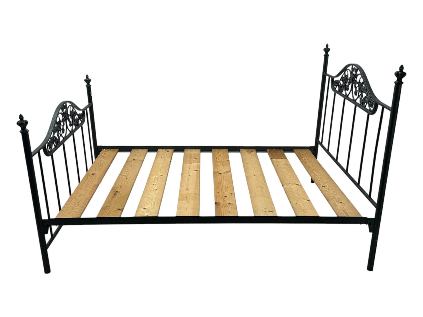 Contemporary metal double bed frame, shaped head and footboards with foliate cast panels and vertical rod supports, the corner posts with urn-shaped finials, finished in a mottled verdigris-style green, with pine slatted base