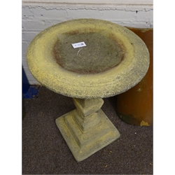  Stone effect two piece bird bath, circular shallow bath on faceted vase shaped column with stepped square base, D60cm, H83cm  