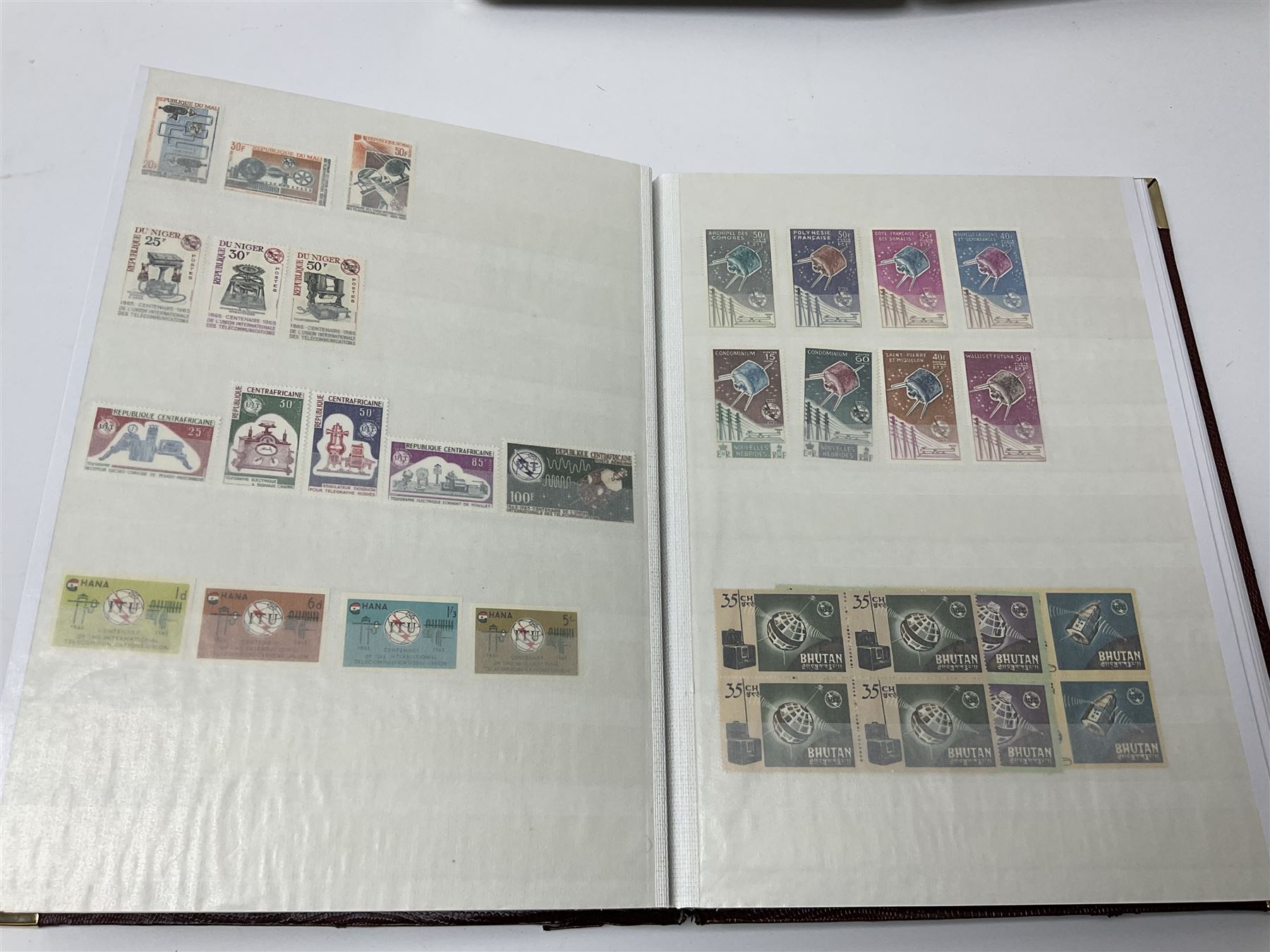 Thematic stamp collection relating to satellites, telecommunications and space from various Countries including Angola, Antigua, Ascension, Australia, Bahamas Barbados, Bhutan, British Virgin Islands, Denmark, Ecuador, Israel etc, a mint and used collection housed in three stockbooks