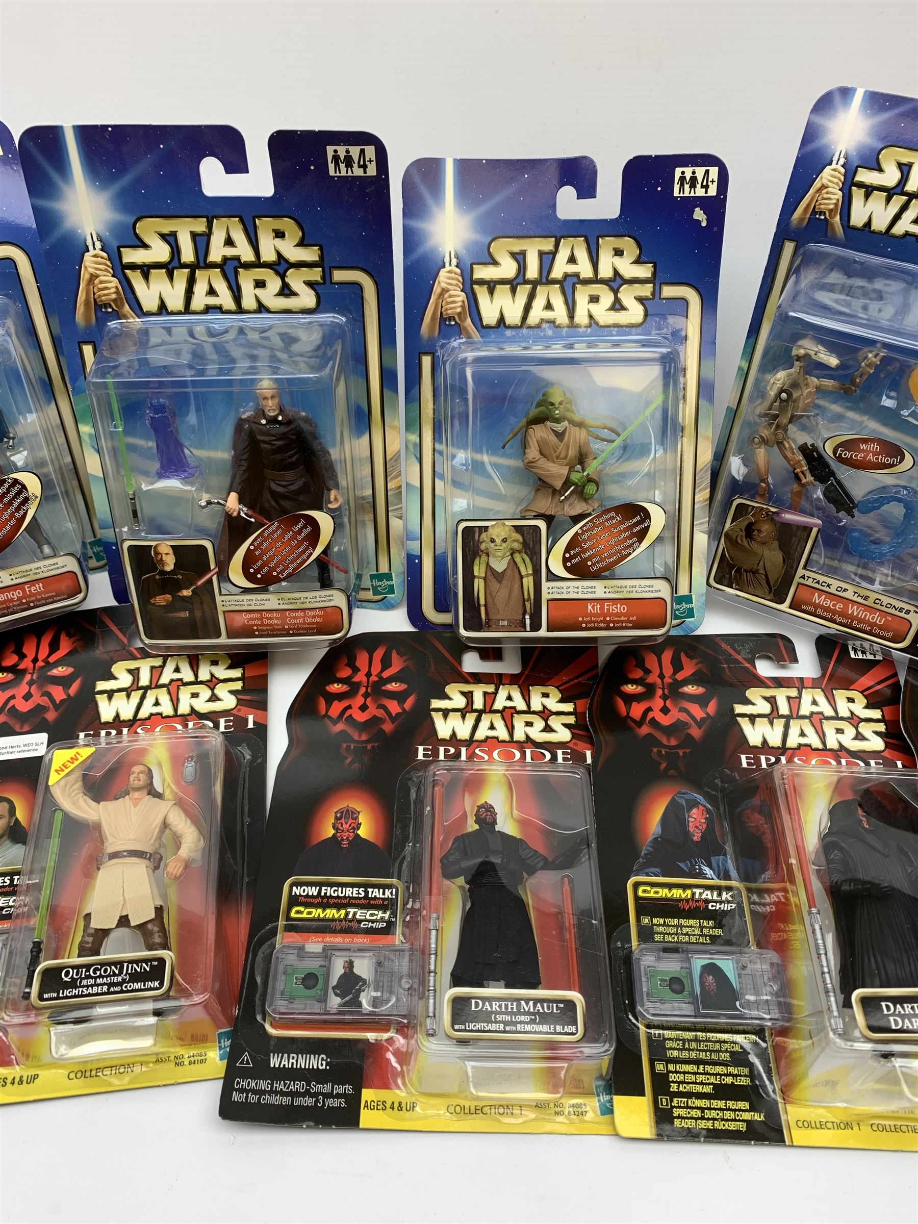 Star Wars - Episode 1 eleven Hasbro action figures, ten with CommTech chip, including two x Obi-Wan Kenobi, Battle Droid, Anakin Skywalker, four x Darth Maul (one Deluxe), Jar Jar Binks and two x Qui-Gon Jinn; together with five Attack of the Clones figures including Obi-Wan Kenobi, Count Dooku, Kit Fisto, Jango Fett and Mace Windu; and an Empire Strikes Back figure of Darth Vader; all in unopened blister packs (17)