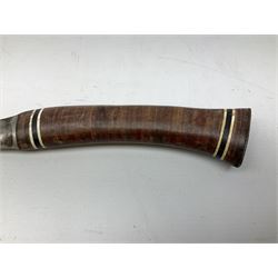 Estwing Black Eagle style double bit throwing axe with leather grip, virtually mint with labels present, plastic blade protectors and nylon sheath L43cm; another smaller Estwing axe stamped 24A to the pommel, with leather grip and sheath; and a vintage short handled hedge knife, the blade stamped IH (?) No.2 (3)