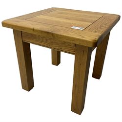 Oak coffee or lamp table, square top on square supports 