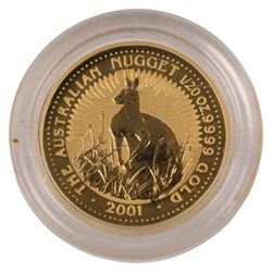 Three Queen Elizabeth II fine gold coins, comprising Australia 2001 'Kangaroo Nugget' one twentieth ounce five dollar, Falkland Islands 1997 'Henry VIII' one twenty-fifth ounce two pound, and Canada 2001 'Maple Leaf' one twentieth ounce one dollar, with certificates