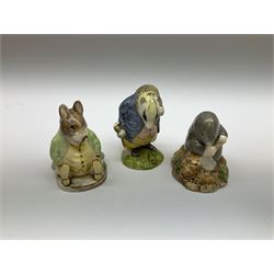 Fifteen Beswick Beatrix Potter figures, comprising Tommy Brock, The Old Woman who live in a Shoe, Samuel Whiskers, Foxy Whiskered Gentleman, Old Mr Brown, Mr Benjamin Bunny and Peter Rabbit, Tailor of Gloucester, Goody Tiptoes, Mr Benjamin Bunny, Diggory Diggory Delvet, Jemima Puddleduck, Aunt Pettitoes, Hunca Munca, Rebeccah Puddle-Duck, and Lady Mouse. 