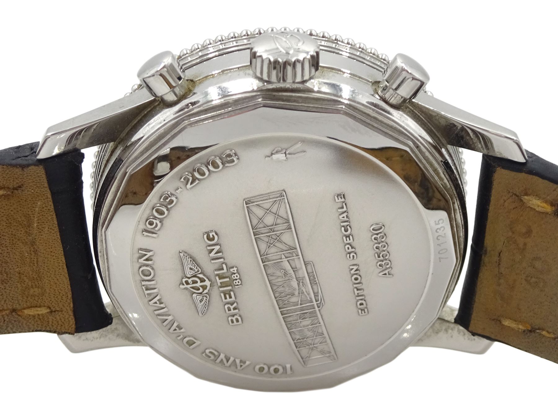 Breitling Montbrillant Edition Speciale 100 Ans D Aviation gentleman s stainless steel chronograph wristwatch Ref. A35330 silvered dial with registers for recording minutes and continuous seconds Jewe...