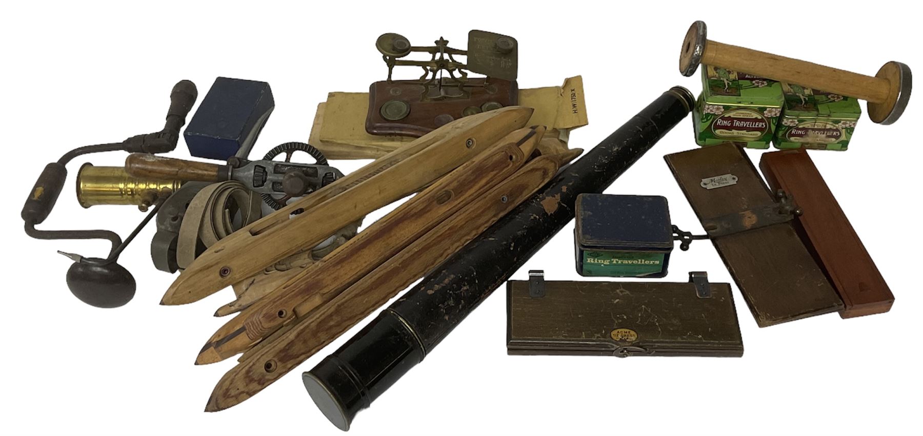 Brass telescope, together with various other collectables, to include mosley tie press, metal tins, oil cans etc 