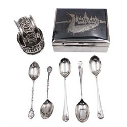 Gorup of silver, comprising pair of Edwardian silver napkin rings, with repousse floral decoration, hallmarked E J Trevitt & Sons, Chester 1903, together with set of three 1930s silver Hanoverian pattern coffee spoons, each with rattail bowls and engraved initial to terminals, hallmarked Frank Cobb & Co Ltd, Sheffield 1936, a pair of early 20th century coffee spoons, each embossed with nesting birds to terminals, with ivy leaf borders and stems, hallmarked Robert James Chaplin & Sons, London 1919, and a Siamese silver mounted cigarette box, with niello work dragon boat scene to cover, lifting to reveal wood lined interior, stamped Sterling Siam, H3.2cm W9.7cm