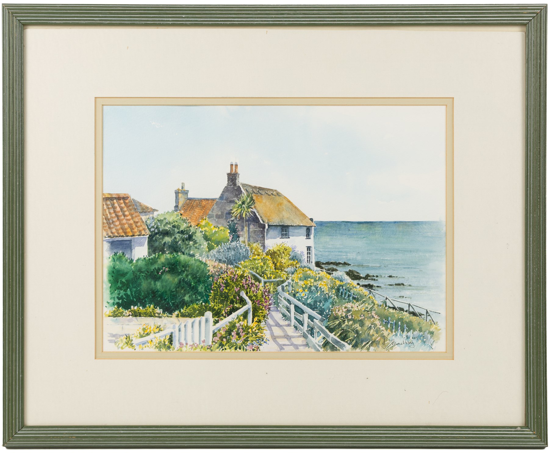 Janet Thackray (British 20th century): Lady Palmer's Cottage - Runswick Bay, watercolour signed 24cm x 34cm; M Taylor (British 20th century): 'Thistle - The Fleece Shorn', watercolour signed and dated '83, titled on label verso 25cm x 34cm (2)