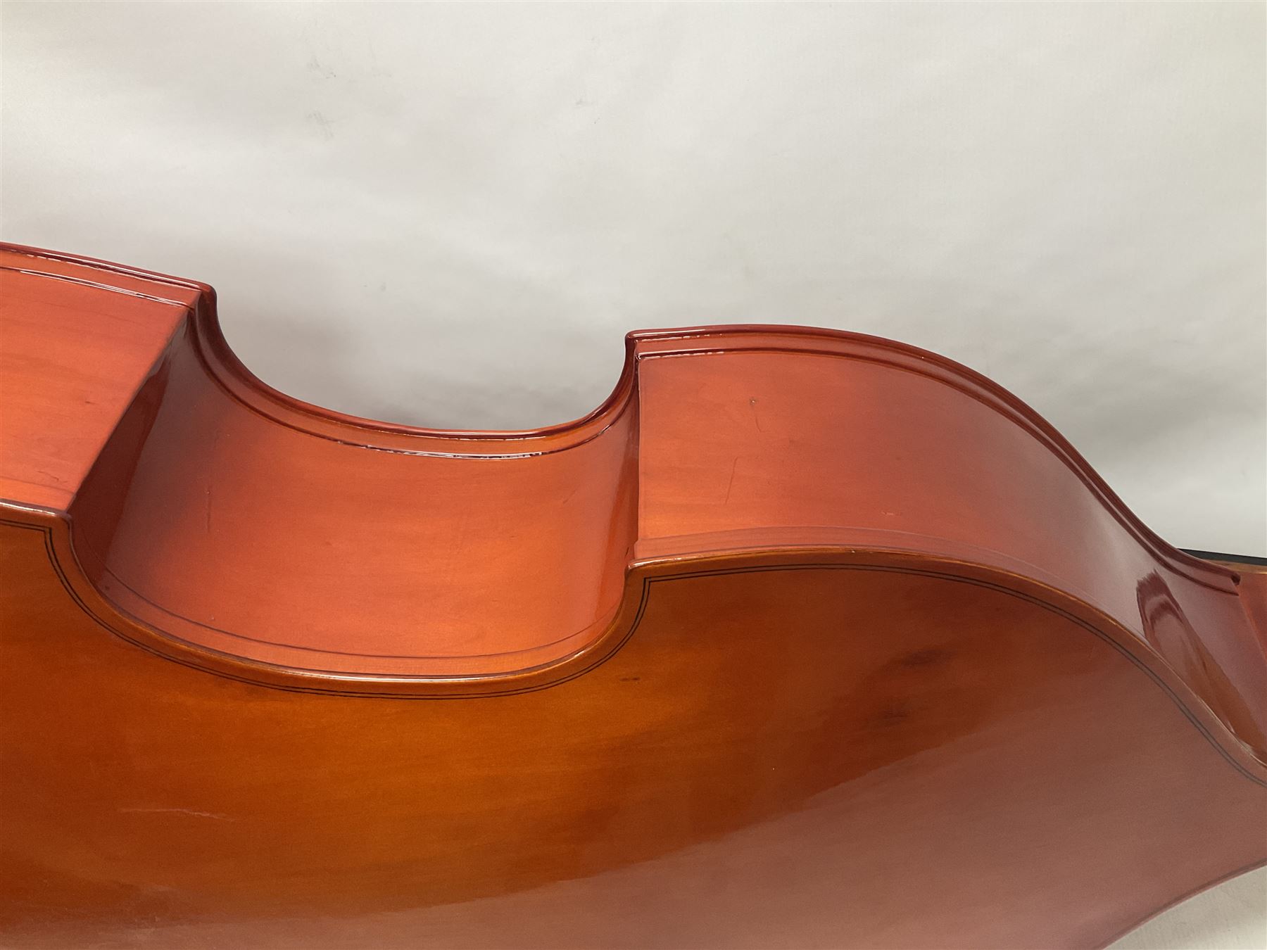 Contemporary 3/4 Double Bass, Body height bottom to shoulder 110cm, With steel tuning pins and ebonised fingerboard, no strings, bridge, tail piece, or endpin Although called a 3/4 size bass, this size is recognised as a regular sized Double Bass 
