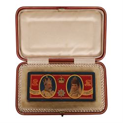 Edwardian silver and enamel Coronation chocolate box, the lid enamelled with oval portraits of King Edward VII and Queen Alexandra and inscribed: Coronation Day June 26th 1902, hallmarked Sheffield 1901 Cooper Brothers and Sons, in original presentation case

