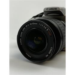 Canon EOS 350D digital camera with 'Canon Zoom Lens EF-S 18-55mm 1:3.5-5.6 II USM', with instruction manual and charger and two further lenses, Canon Ultrasonic 'Canon Zoom Lens EF 35-105mm 1:4.5-5.6' and a Canon Ultrasonic 'Canon Zoom Lens EF 75-300mm 1:4-5.6 III USM'