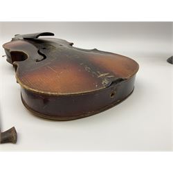 Violin for restoration, labelled Antonius Stradiuarius, L57cm, along with bow for restoration and table globe upon turned wood column and circular base