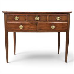 Georgian mahogany side table fitted with drawers, rectangular top over five drawers with brass handles, raised on tapering square supports