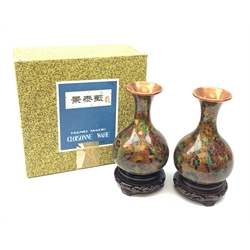 A pair of 20th century cloisonné vases, of bulbous form, the brown ground decorated with flowers in yellow and green, with pierced hardwood stands, vases H21cm, with box. 