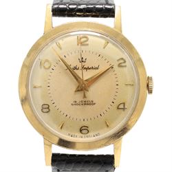 Smiths Imperial gentleman's 9ct gold manual wind wristwatch, cream dial with alternate dagger and Arabic hour markers, hallmarked, on black leather strap