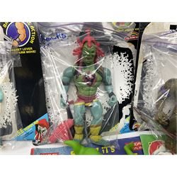 Five 1980s LJN Thundercats figures - Lion-O with sword, Snowman, S-S-Slythe, Tygra and Mumm-Ra; all re-bagged on original backing cards; partially stocked Panini sticker album; story cassette tape and three catalogues; together with Ghostbusters Slimer with food and Comic